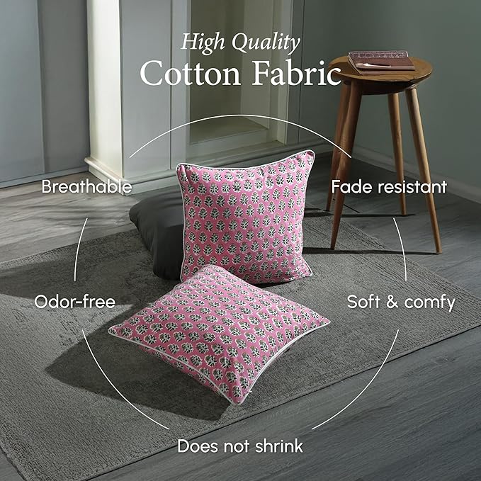 CPC 100% Cotton Throw Pillow Covers 18x18 Inch, Set of 2 Green Block Print Pattern Couch Pillow, Cute Boho Decorative Pillows for Living Room, Bedroom with Hidden Zipper- Poppy Pink