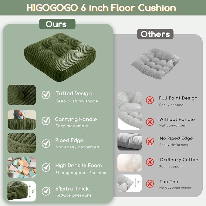 HIGOGOGO 6" Extra Thick Floor Pillow Cushion for Adults, Meditation Cushion Pillow, Large Square Floor Sitting, Tufted Corduroy Cover, for Tatami Living Room or Yoga, 22x22 Inch, Dark Green