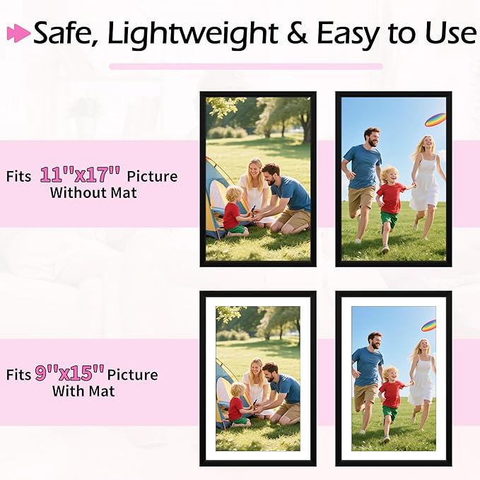 11x17 Picture Frame, Vertical or Horizontal Wall Hanging Frame for Photos, Posters & Art Prints, Display Pictures 9x15 with Mat or 11 x 17 Without, Black Frame with Clear Plexiglass, 2 Pack