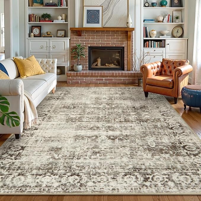 Lahome Margot Washable Rug 6x9 Beige Area Rugs for Living Room,Boho Soft Room Rugs for Bedroom Indoor Carpet,Vintage Non-Slip Low-Pile Accent Rugs Dining Room Office Playroom(6 x 9,Beige)