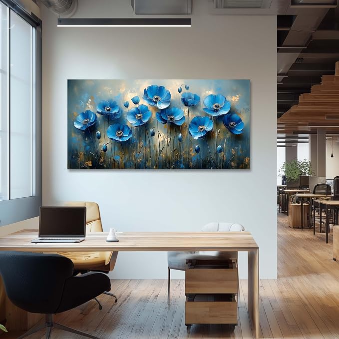 Ggaafet Navy Blue Flowers Wall Art for Living Room Canvas Oil Painting Prints Beautiful Floral Blooming Art Deco Pretty Artwork Office Bedroom Family Dining Room Decor Large
