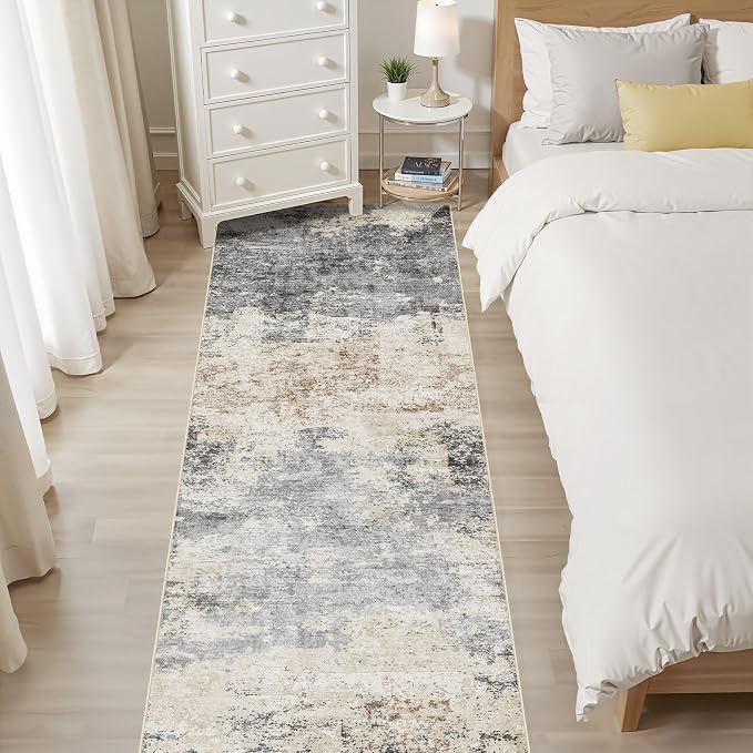 Runner Rug Kitchen Washable Rugs: 2x6 Non-Slip Abstract Soft Modern Stain Resistant Indoor Floor Neutral Accent Throw Carpet for Hallway Bathroom Laundry Room Entryway Bedroom- Grey Brown