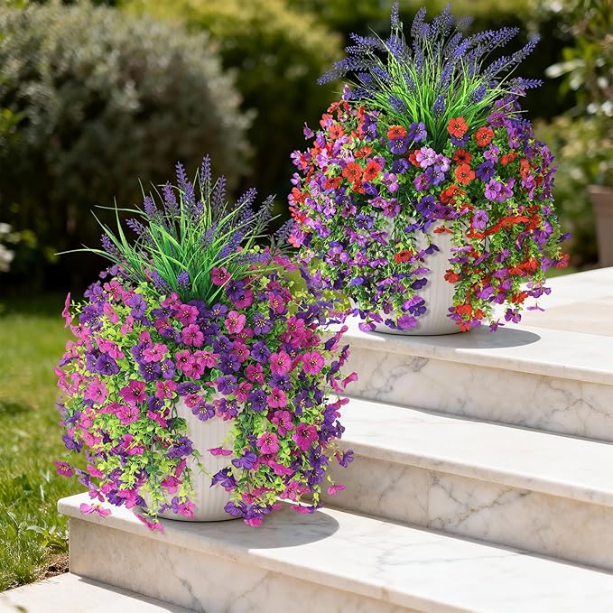 Artificial Fake Hanging Flowers Plants for Outdoor Outside Decoration, Faux Silk Daisy Flower Realistic UV Resistant for Front Porch Patio Balcony Garden Yard Indoor Planter Home Decor(Purple Red)