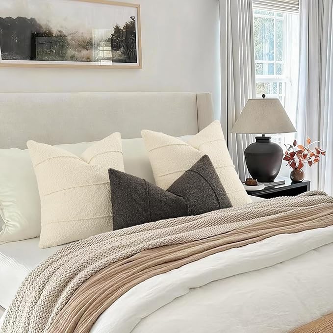 YCOLL Textured Boucle Throw Pillow Covers 22x22 Pack of 2 - Soft Neutral Striped Cushion Covers, Cozy Accent Decorative Pillow Covers for Couch, Sofa, Bed, Living Room (Cream)