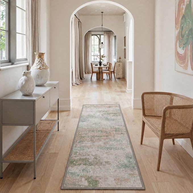 BEIMO Area Rugs 3x5 for Living Room Bedroom, Modern Abstract Machine Washable Rug, Soft Low Pile Floor Cover with Non Slip Backing for Dining Room, Light Pink Green