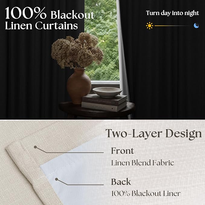 60 Inch Extra Wide 100% Blackout Curtains 102 Inches Long 1 Panel for Bedroom, Natural Memory Trained Pleated Thick Linen Thermal Noise Reducing Neutral Windows Curtain Light Blocking Drapes 60x102