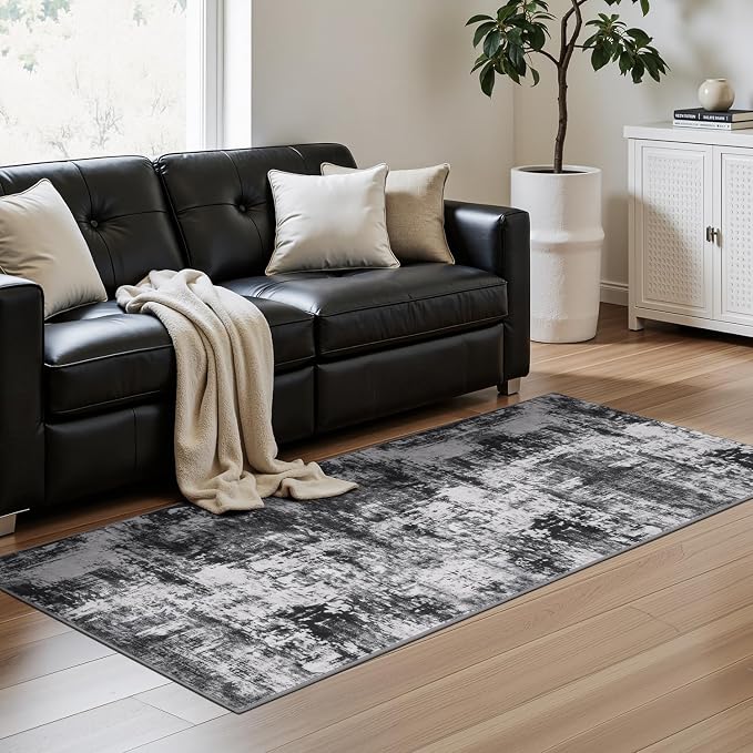 Rugflix 2x6 Runner Rug for Entryway, Kitchen Rugs Soft Non-Slip Washable Runners for Hallway, Abstract Small Carpet with Non-Slip Backing for Bedroom, Living Room, Black Grey