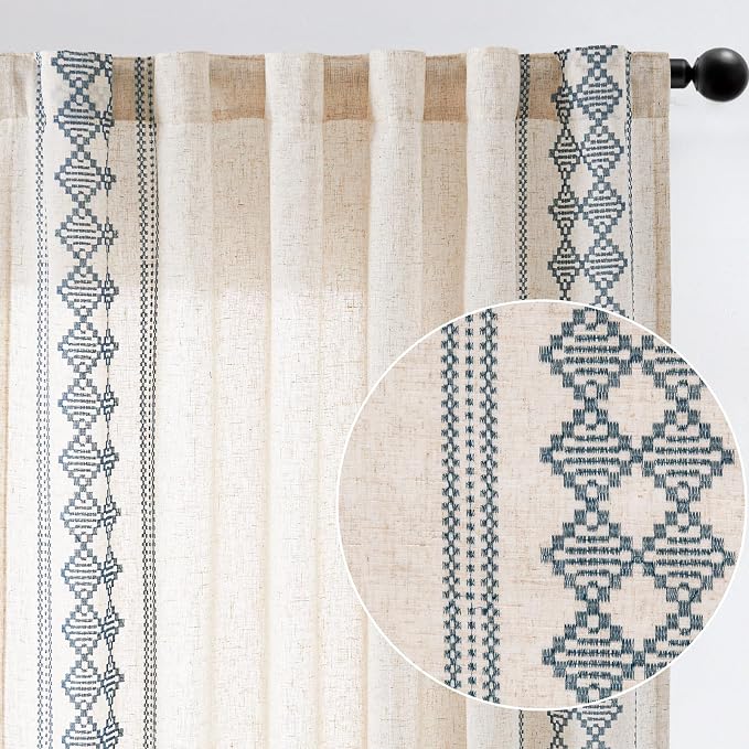 jinchan Boho Curtains Linen Blend Beige Farmhouse Curtains 63 Inches Long for Living Room Blue Square Embroidered Bordered Back Tab Bedroom Window Light Filtering Bohemian Drapes 2 Panels