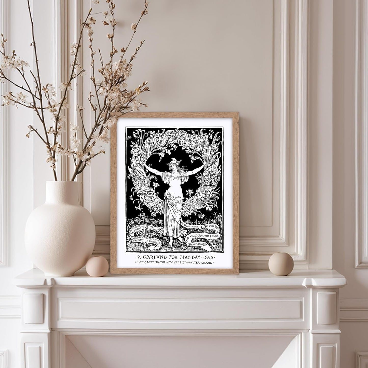 Poster Master Vintage Walter Crane Poster - Retro A Garland for May Day Print - Socialist Art - Gift for Him, Her, Men, Women - Wall Decor for Home, Office, Living Room, 11x14 Beige Framed