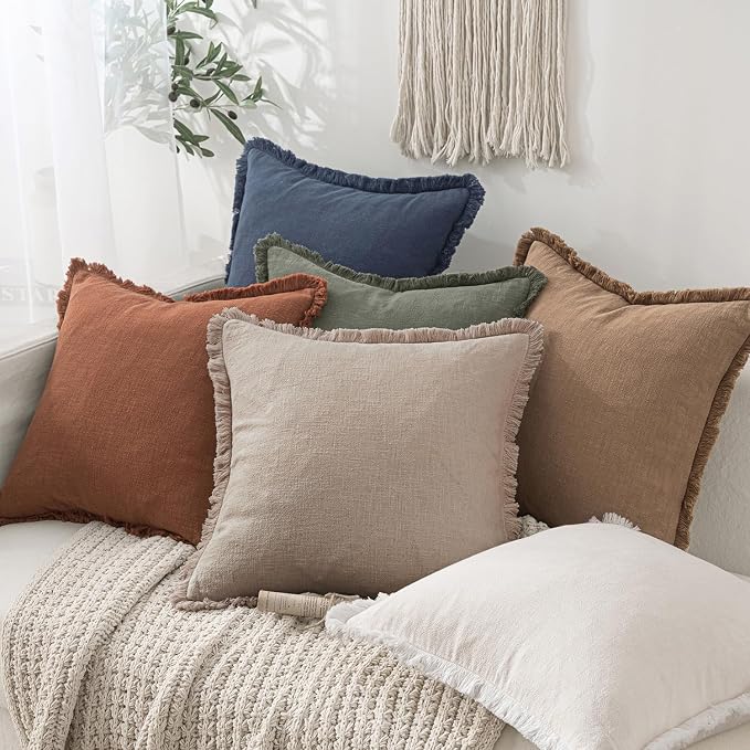 MIULEE Decorative Lumbar Throw Pillow Covers Neutral Linen Fringe Throw Pillows Set of 2 Natural Linen Boho Farmhouse Cushion Covers for Couch Sofa Bed Living Room Spring Home Decor 12x20 Inch