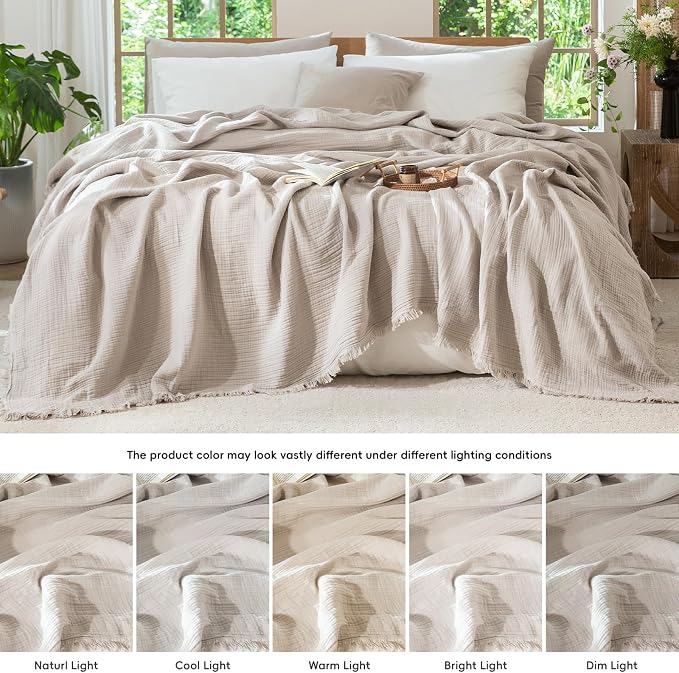 MooMee Muslin Blanket - 100% Cotton 4-Layer Gauze Throw Blanket with All-Around Fringe, Soft Breathable Lightweight Cooling Summer Blankets for Bed Couch (Cream Grey,Twin XL 66" x 90")
