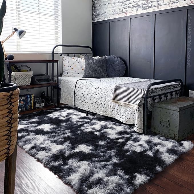 PAGISOFE Black White Rugs for Living Room 6x9, Shag Fuzzy Fluffy Rugs for Bedroom Kids Room Playroom Dorm Shaggy Soft Carpet for Home Decor Aesthetic Plush Bedside Rug Modern Grey Rug