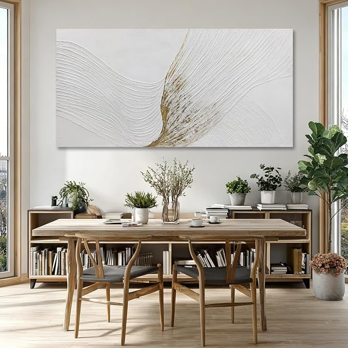 Hue7Art Contemporary White and Gold Abstract Canvas Wall Art Textured Line Design Minimalist Hand Painting Artwork for Living Room Bedroom Office Neutral Decor 29x58 Inch