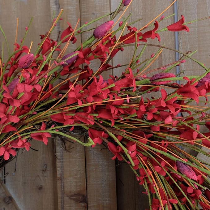 Bibelot 18inch Artificial Forsythia Flower Wreath, All Year Around Wreath for Front Door, Wedding Window Home Wall Indoor Front Door Decor (red, 18in)