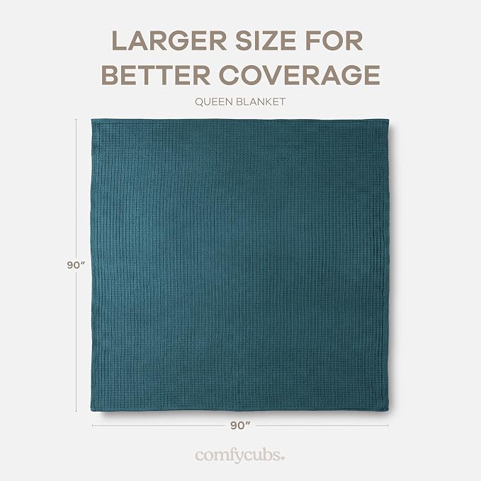 Comfy Cubs Waffle Blanket Queen, 90" x 90" - 100% Cotton Lightweight Breathable Bed Blanket - Soft Textured Thermal Weave for All Seasons – Decorative Cozy Layer for Couch, Sofa, or Bed - Neptune