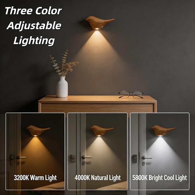 Cute Bird Night Light: Motion Sensor Lights Indoor - Magnetic Mounting & 3 Color Dimmable - One Charge Three Weeks of Worry-Free Use - 4-Pack Set (Light Wood Grain)