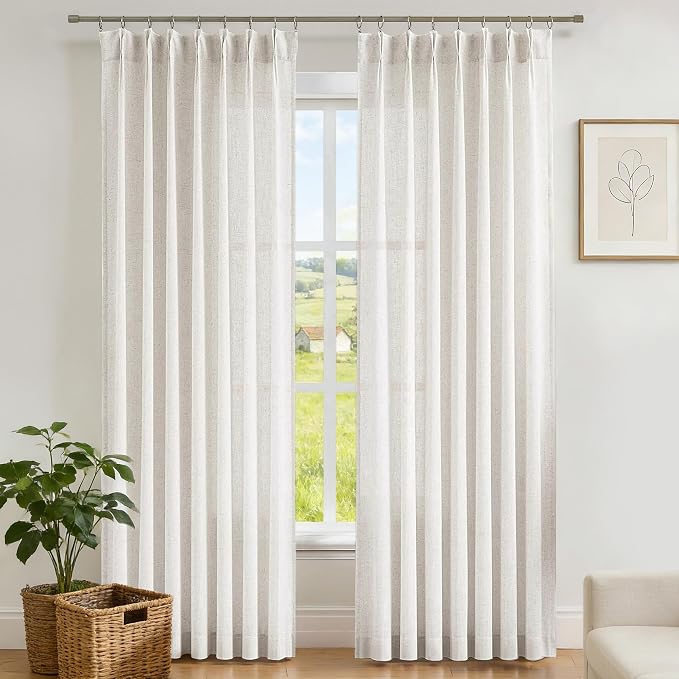 Vision Home Natural Pinch Pleated Sheer Curtains 95 inches Soft Linen Blended Farmhouse Rustic Light Filtering Panels,Window Treatment Drapes with Hooks & Back Tab for Living Room Bedroom, 40"Wx95"Lx2