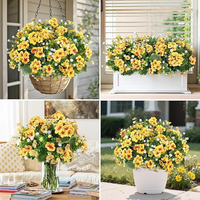 Ouddy Decor 18'' Artificial Geraniums Flowers for Outdoors, 10 Bundles Mixed Fake Silk Flowers Plastic Plants UV Resistant for Summer Garden Porch Patio Planter Home Decor, Yellow