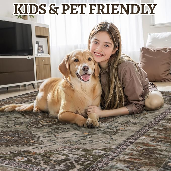 Tangsoo 8x10 Area Rugs for Living Room, Washable Rug Oriental Vintage Indoor Non Slip Large Area Rugs, Print Carpet, Soft Low Pile Foldable Floor Rugs for Bedroom Dining Room Dorm Grey/Taupe