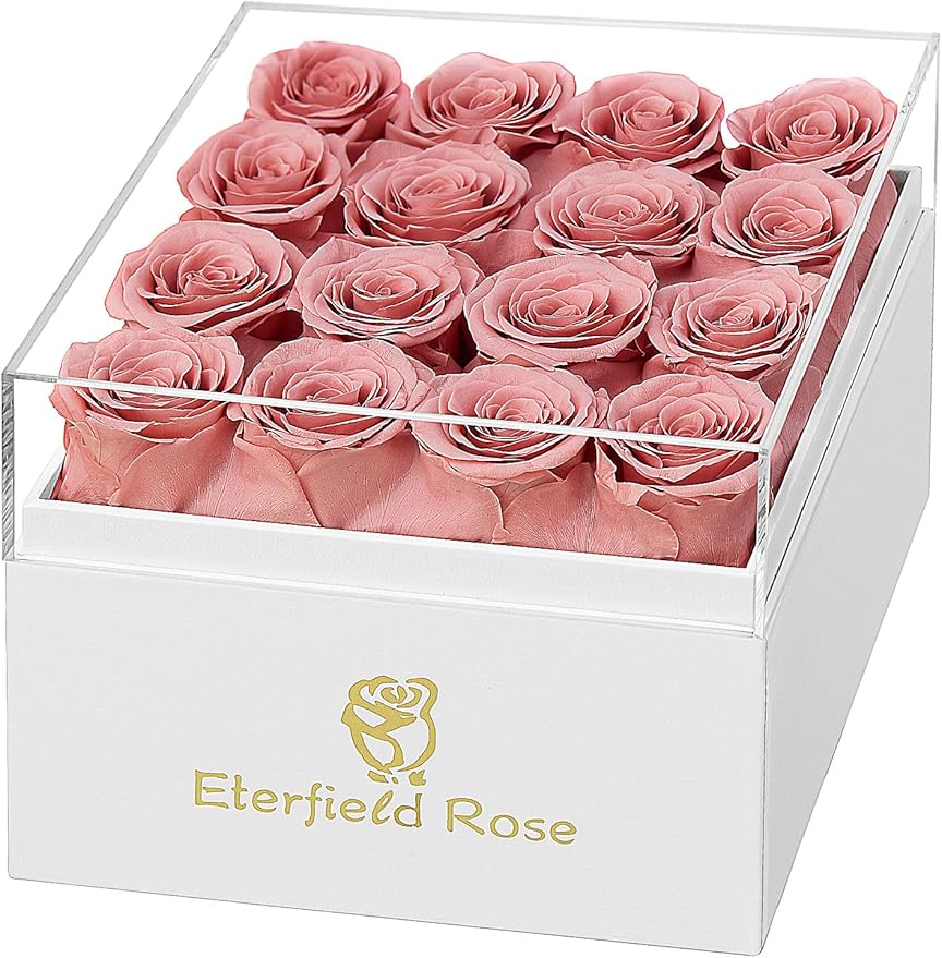 Eterfield Forever Flowers Preserved Roses Real Roses that Last Over a Year Rose Box Gifts for Her Mothers Day Valentines Day Christmas (Square White Box, 16 Dusty Pink Roses)