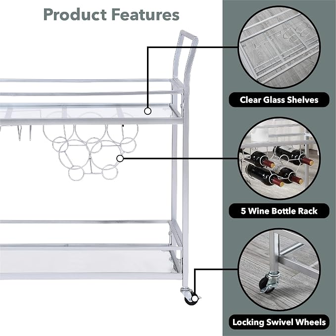 FirsTime & Co. Silver Delilah Bar Cart, 2 Tier Mobile Mini Bar, Kitchen Serving Cart and Coffee Station with Storage for Wine and Glasses, Metal and Glass, Modern