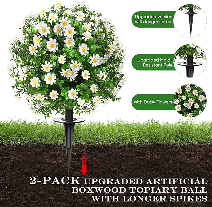 FAJUNZH Artificial Topiary Bushes for Outdoors with Spike, Boxwood Ball Fake Shrubs UV Resistant Faux Plants for Indoor Outdoor Fall Thanksgiving Halloween Decor (Sunflower Boxwood White -2 Packs)