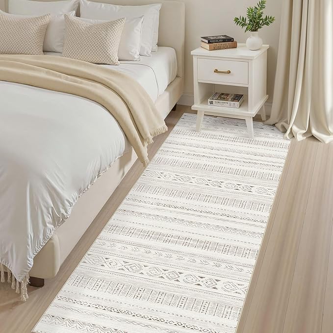 cotiled Hallway 2.6x8 Runner Rugs: Washable Boho Rugs with Non Slip Backing Large Soft Indoor Low Pile Carpet for Living Room Bedroom Farmhouse Dining Room Lightweight Home Decor L Brown/Cream