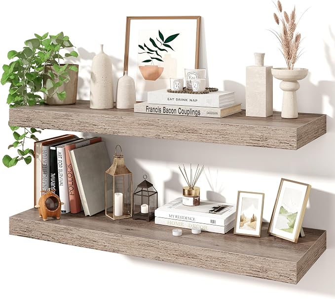 Axeman 32Inch Floating Shelves for Wall, 2 Pack Shelves for Bedroom, Bathroom, Kitchen, Hanging Wall Mounted Rustic Wood Shelf with Invisible Brackets for Books Decor, Grey