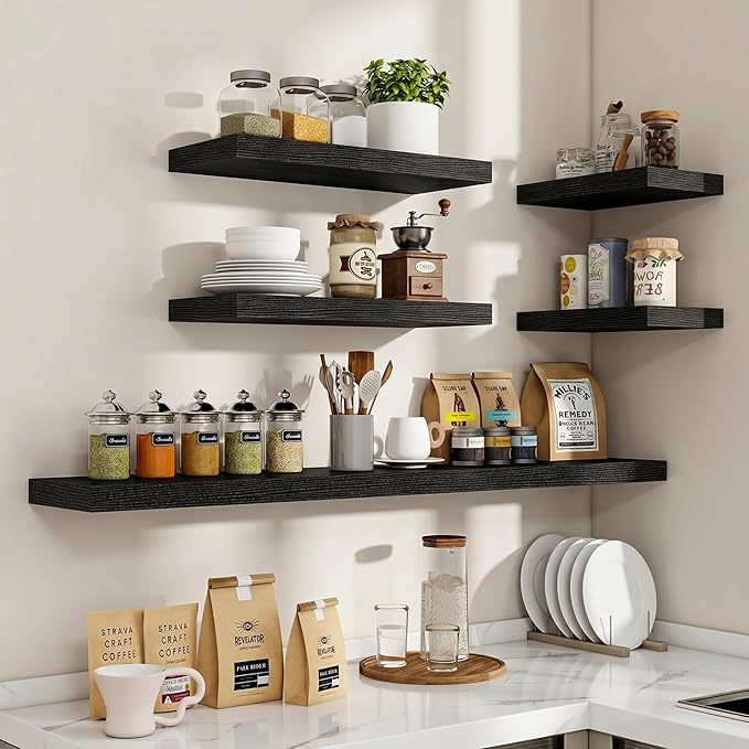 Acovy 36 Inch Floating Shelves, 36"x9.25"x1.5" Inch Deep Floating Shelves for Wall, Wooden Shelves for Bathroom, Bedroom, Living Room, Black, 2 Pieces