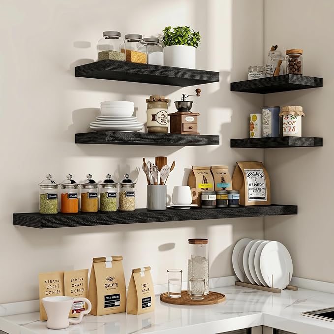 Acovy 40 Inch Floating Shelves, 3D Textured Wood Grain, 40"x9.25"x1.5" Inch Deep Floating Shelves for Wall, Wooden Shelves for Bathroom, Bedroom, Living Room, Black, 1 Piece