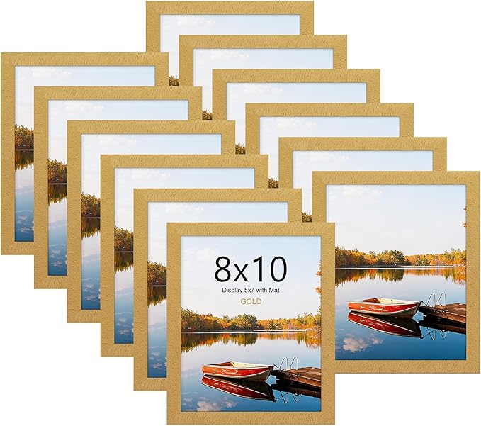 Picrit 8x10 Picture Frame Set of 12, Display 5x7 with Mat or 8x10 without Mat, Photo Frames for Wall Mounting or Table Top Display, Gold