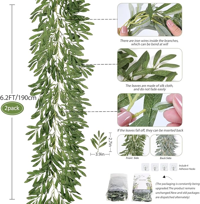 RECUTMS 2Pcs Artificial Olive Leaves Garlands 6.2Ft-Fake Hanging Silk Willow Leave Ivy Vines Faux Bayberry Leaf Twigs Greenery Rattan for Indoor Outdoor Wedding Birthday Party Home Garden Table Decor