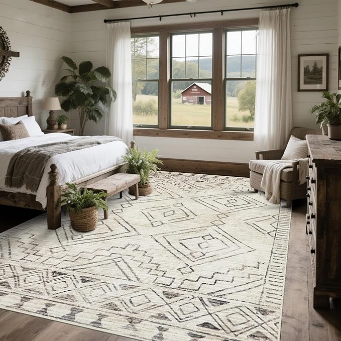 Srugn Washable Rugs 8x10 Area Rugs for Living Room,Bedroom,Dining Room- Large Ultra Soft Faux Wool Retro Carpet,Non Slip&Non-Shedding Low Pile Morocco Rug for Farmhouse Home Office Dorm(Beige-Brown)