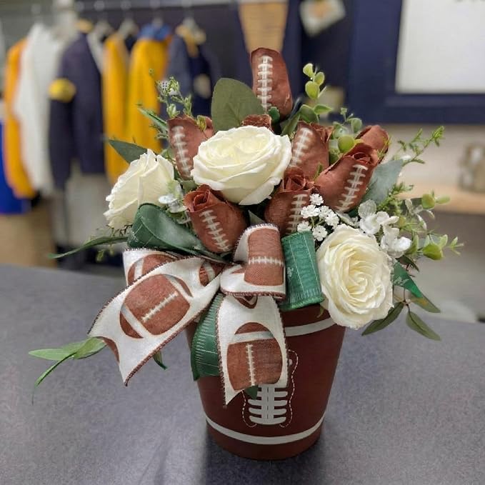 Suhine 6 Pcs Artificial Football Rose Flowers Sports Party Favors Bulk for Birthday Graduation Wedding Party Decorations Table Centerpieces Game Day Tailgate Senior Night Gift(Football Color, Normal)