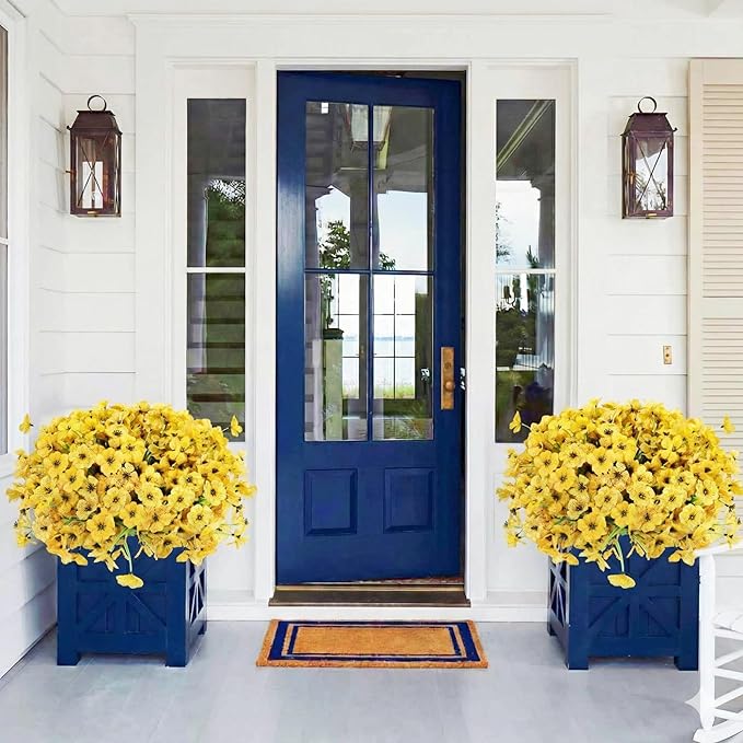 Geegoods Artificial Mums Flowers for Outdoors, 16 Bundles UV Resistant Fake Plastic Yellow Flowers for Patio Porch Spring Summer Decor