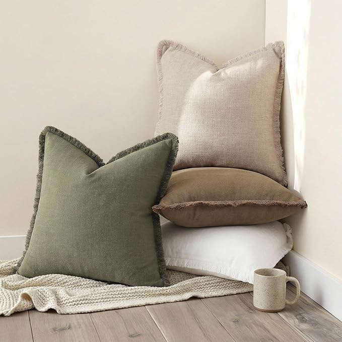 decorUhome Summer Decorative Neutral Linen Fringe Euro Sham Throw Pillow Covers Set of 2 Olive Green Pillow Covers with Tassels Soft Farmhouse Boho Accent Pillow Cases for Couch Bed Sofa 24x24 Inch