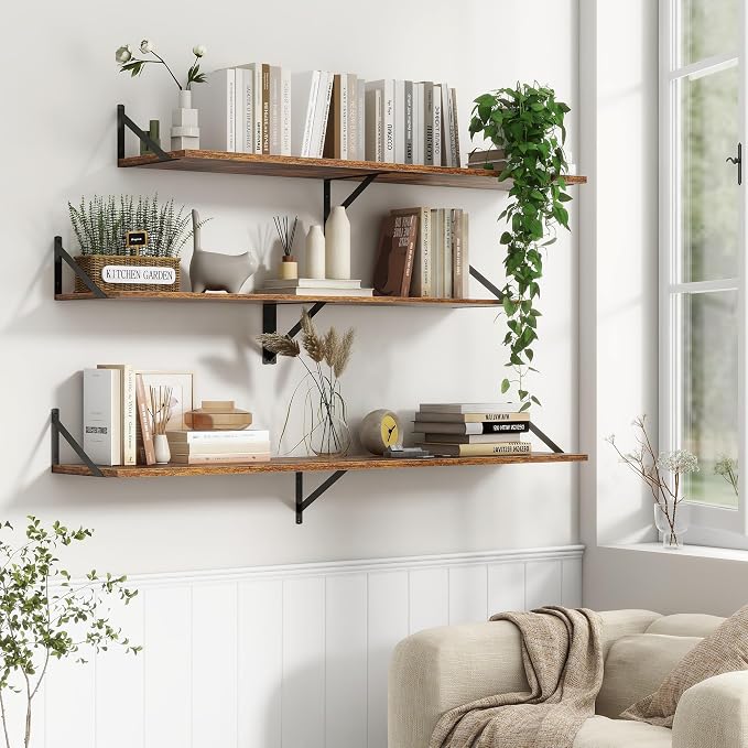 12 Inch Deep Floating Shelves,48W x 12D Floating Shelves, Deep Wall Shelves Bracket Set of 2, Large Display Floating Shelf for Bathroom, Living Room, Wide Storage Wooden Wall Shelf, Rustic Brown