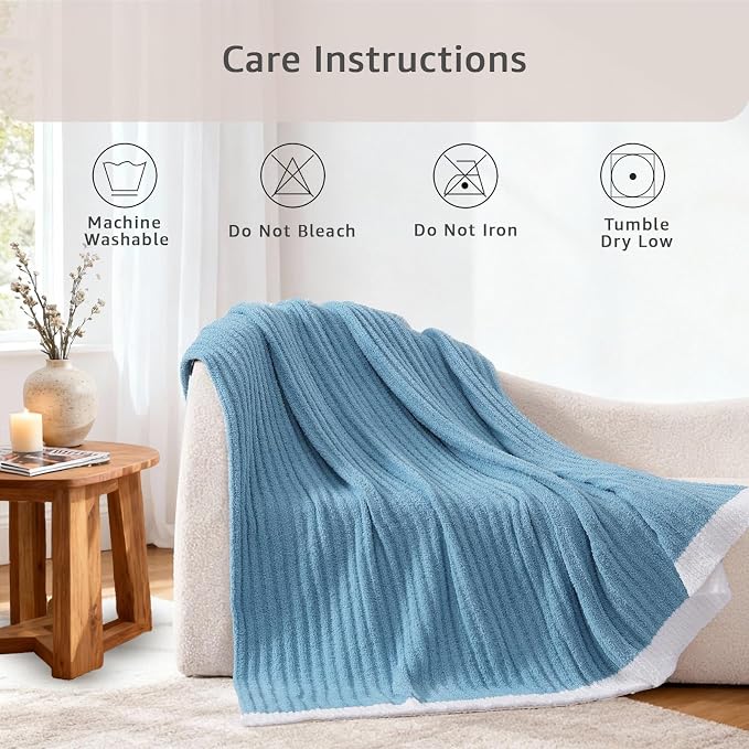 WRENSONGE Soft Twin Blanket for Bed-Cozy Warm Reversible Knitted Blankets | Lightweight Fluffy Decor for Women, Mom, Her & Girls, Sofa, Chair, Couch, 60x80in, Blue