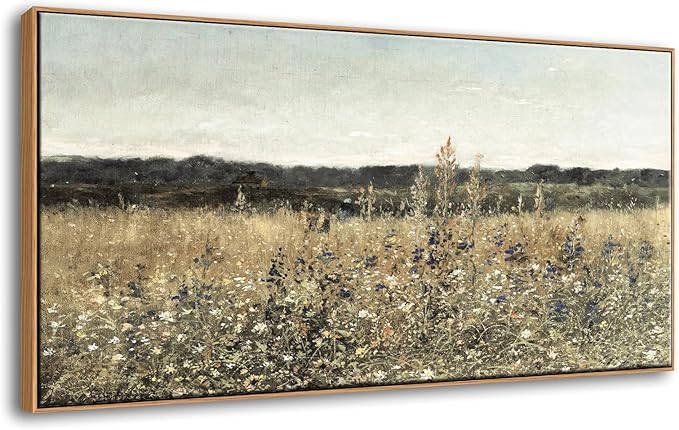 DJSYLIFE Framed Wall Art, Vintage Wildflower Field Canvas, 20x40 Inch | Classical Landscape Prints, Solid Wood Frame, Ready to Hang, Farmhouse Rustic Decor for Living Room, Bedroom