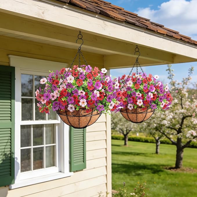 Artificial Fake Hanging Flowers Plants Basket Outdoors, Faux Silk UV Resistant Look Real Daisy Eucalyptus for Spring Summer Garden Porch Home Patio Balcony Yard Decorations, Red Purple Pink