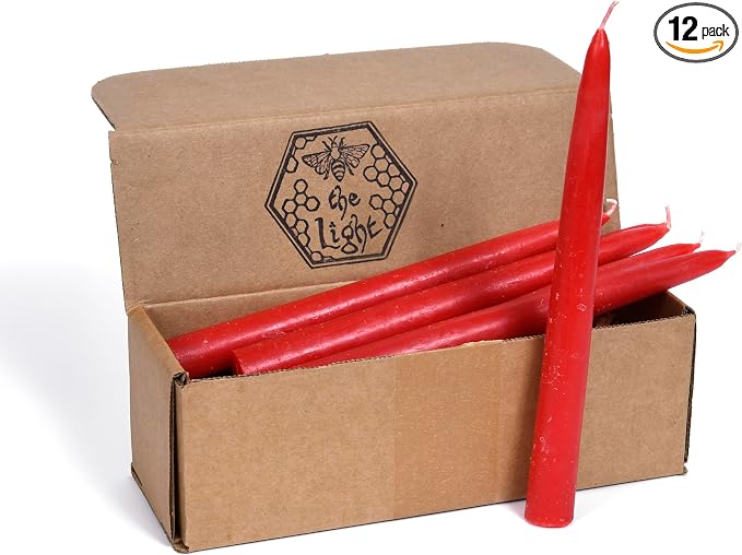 100% Pure Beeswax Taper Candles - All-Natural Handmade Decorative & Dipped Smokeless Unscented Candles for Christmas, Advent, and Hanukkah, Red Blossom, 8.5 Inches, 12 Candle Set, by BeeTheLight