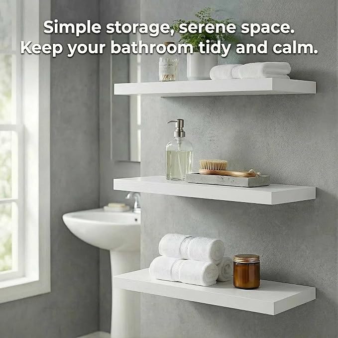SAUMONIERES Floating Shelves Wall Shelf Solid Wood for Bathroom Bedroom Kitchen Set of 3, White Wall Shelves