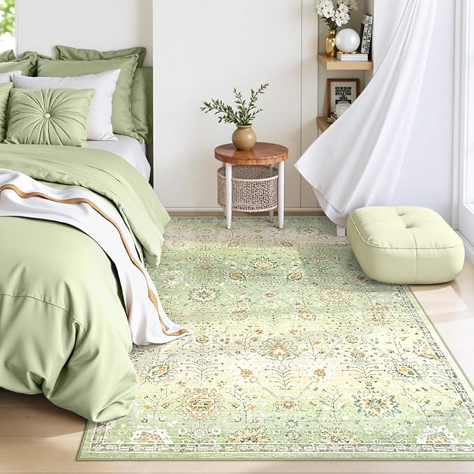 Lahome Flavie 5x7 Sage Green Rugs for Bedroom, Soft Boho Rug for Living Room, Machine Washable Floral Carpet Non Slip for Nursery Playroom Indoor