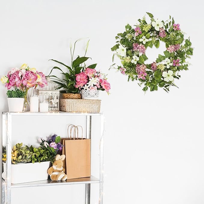 YNYLCHMX 18" Spring Summer Wreaths for Front Door, Artificial Floral Wreath with Pink Hydrangea Green Eucalyptus Leaves, Green Foliage Wreath for Wall Window Farmhouse Party Holiday Home Decor