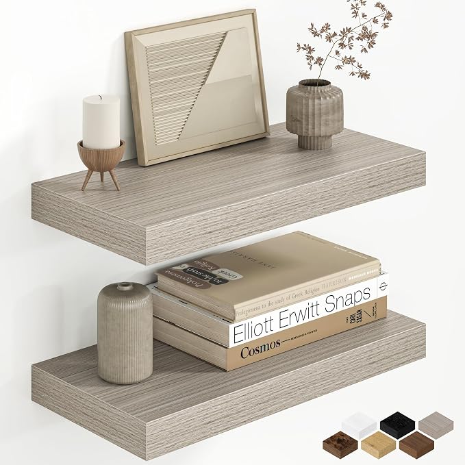 Fun Memories 16 Inch Floating Shelves for Wall, 8 Inch Deep Rustic Wood Wall Mounted Shelves with Invisible Brackets for Bathroom, Bedroom, Kitchen & Living Room Storage Decor, Grey, 2 Pack