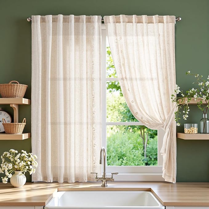 jinchan Winslow Linen Curtains 54 Inch Length Small Window Curtains Embroidered Bordered Floral Drapes Light Filtering for Bathroom Laundry Room Kitchen Farmhouse Decor White on Beige 2 Panels