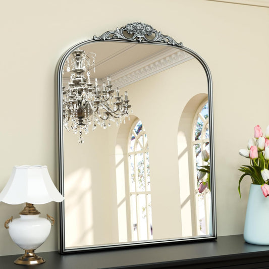 Keonjinn Vintage Mirror 30" x 36", Silver Antique Mirrors for Wall Decor, Arched Decorative Mirror for Mantle, Hallway, Living Room, Fireplace, Bedroom, Bathroom Mirror with French Cleat Mounting