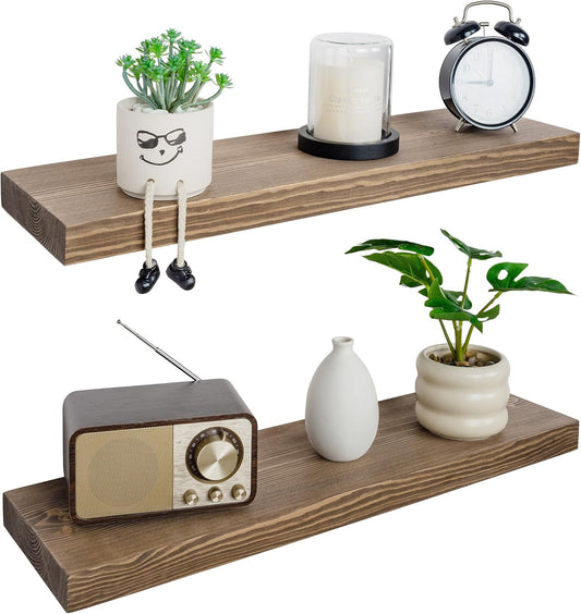 BGMG Wood Floating Shelves 30 inch for Wall Set of 2, Rustic Wooden Wall Mount Shelves for Bathroom Living Room Bedroom Kitchen Farmhouse -30x 6.7 x1.25 inch- Walnut Color