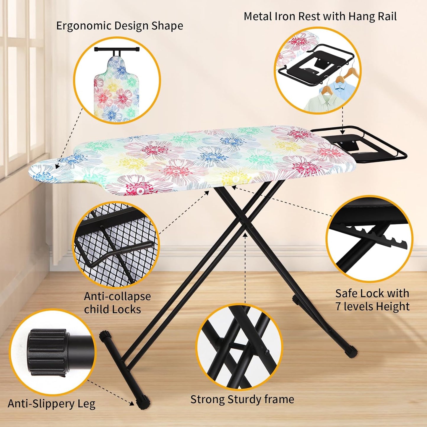 Extra Large Ironing Board with Hang Rail and Iron Rest 63" L x 20" W (Large with Iron Rest (Floral Cover))