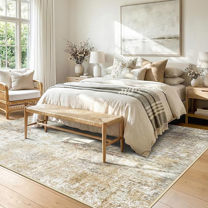 RELEANY Washable Area Rugs 7'x9' Non-Slip Modern Abstract Soft for Living Room Entryway Bedroom Nursery, Print Pattern, Neutral Brown Gray
